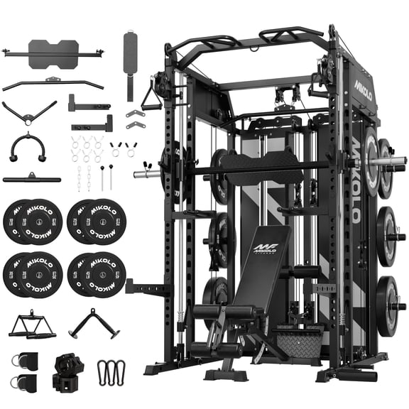 Mikolo Horus Smith Machine & Functional Trainer, 2200LBS Squat Rack with Cable Crossover, 2×2"Uprights (33 Holes), Dual 128LBS Weight Stack, Dual High/Low Cables