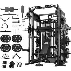 Mikolo Horus Smith Machine & Functional Trainer, 2200LBS Squat Rack with Cable Crossover, 2×2"Uprights (33 Holes), Dual 128LBS Weight Stack, Dual High/Low Cables