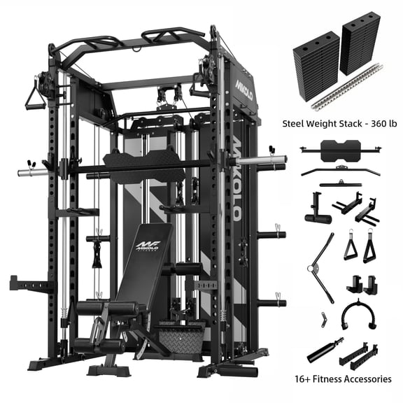 Mikolo Horus Smith Machine Home Gym, 2200LBS Power Rack Cage with 2×2"Uprights (33 Holes), Functional Trainer with Dual 180LBS Steel Weight Stacks, Dual High/Low Cables, Full Body Workout Home Gym