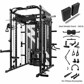 Mikolo Horus Smith Machine Home Gym, 2200LBS Power Rack Cage with 2×2"Uprights (33 Holes), Functional Trainer with Dual 180LBS Steel Weight Stacks, Dual High/Low Cables, Full Body Workout Home Gym