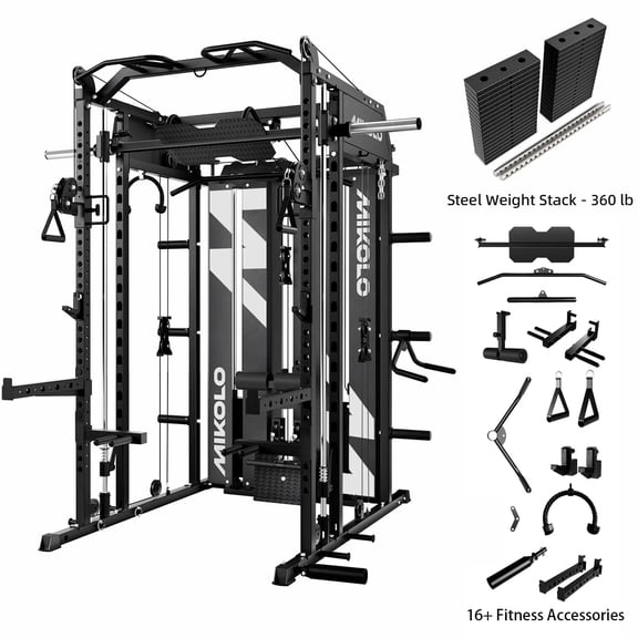 Mikolo Horus Smith Machine Home Gym, 2200LBS Power Rack Cage with 2×2"Uprights (33 Holes), Functional Trainer with Dual 180LBS Steel Weight Stacks, Dual High/Low Cables, Full Body Workout Home Gym