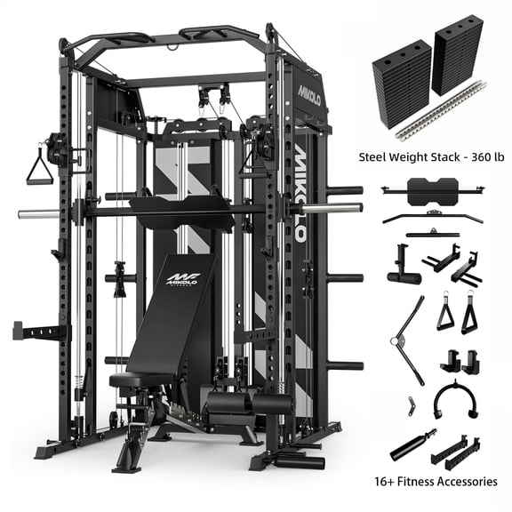 Mikolo Horus Smith Machine Home Gym, 2200LBS Power Rack Cage with 2×2"Uprights (33 Holes), Functional Trainer with Dual 180LBS Steel Weight Stacks, Dual High/Low Cables, Full Body Workout Home Gym