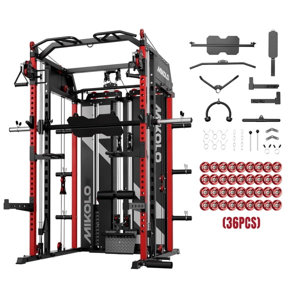 Mikolo Horus Smith Machine Home Gym, 2200LBS Power Rack Cage, Functional Trainer with Dual 128LBS Cement Weight Stacks and 36PCS Aluminum Pulleys , Dual High/Low Cables, Full Body Workout Home Gym