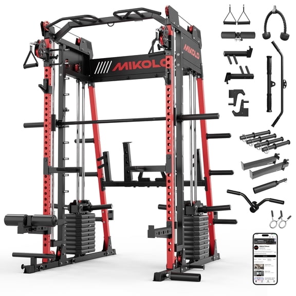 Mikolo M11 Elite Smith Machine Home Gym,2200 lbs Power Rack Cage with Dual 130LBS Weight Stacks, Functional Trainer , 18PCS Aluminum Pulleys and Other Attachments for Home Gym