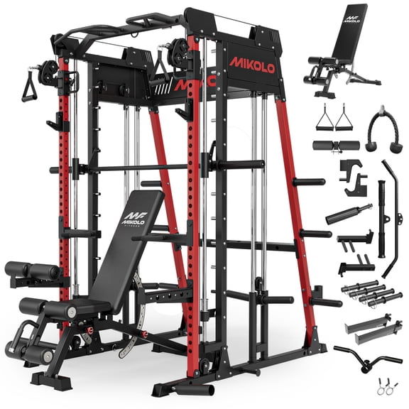 Mikolo M11 Smith Machine, 2200lbs Squat Rack with LAT-Pull Down System & Cable Crossover Machine, Training Equipment with Leg Hold-Down Attachment