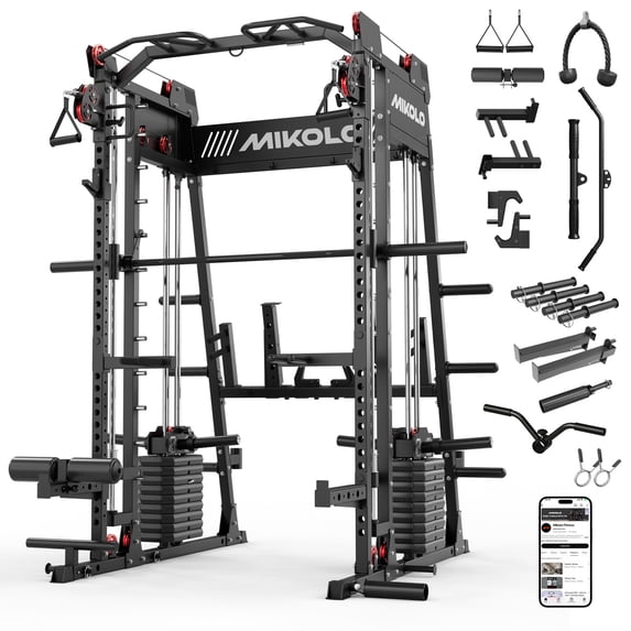 Mikolo M11 Smith Machine with 260 LBS Weigth Stack, 2200lbs Squat Rack with LAT-Pull Down System & Cable Crossover Machine, Training Equipment with Leg Hold-Down Attachment