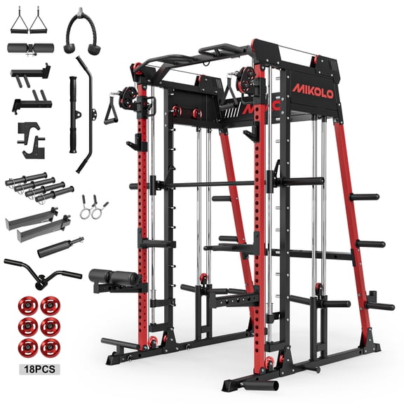 Mikolo M11 Smith Machine with Aluminum Pulleys, 2200lbs Squat Rack with LAT-Pull Down System & Cable Crossover Machine, Training Equipment with Leg Hold-Down Attachment