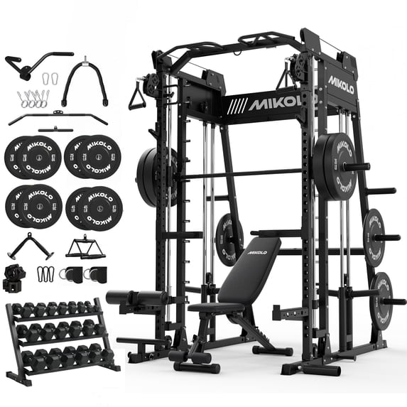 Mikolo Smith Machine Home Gym Package, 2200 lbs Power Rack Cage with Bench, 230LBS BP and 550LBS Dumbbell Set, Total Body Strength Training Cage