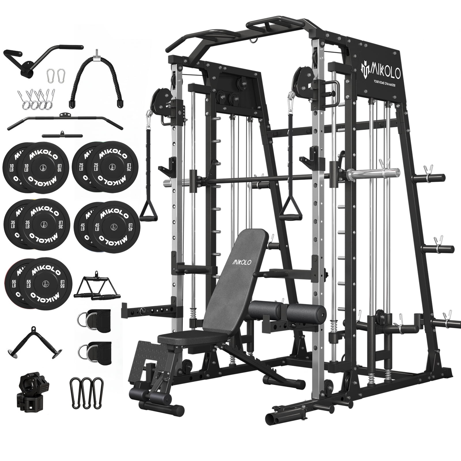 Mikolo M4 All-In-One Smith Machine Home Gym Package, 2200 lbs Power Rack Cage with Cable Crossover, 360° Landmine, Barbell Holders and Other Attachments, Total Body Strength Training Cage