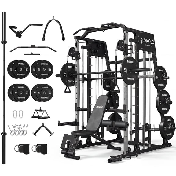 Mikolo M4 All-In-One Smith Machine Home Gym Package, 2200 lbs Power Rack Cage with Cable Crossover, 360° Landmine, Barbell Holders and Other Attachments, Total Body Strength Training Cage