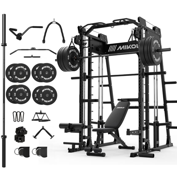 Mikolo All-In-One Smith Machine Home Gym Package, 2200LBS Power Rack Cage with Bench, 7FT Bar and 230LBS BP, Total Body Strength Training Cage