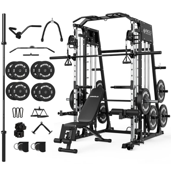Mikolo M4 All-In-One Smith Machine Home Gym Package, 2200 lbs Power Rack Cage with Cable Crossover, 360° Landmine, Barbell Holders and Other Attachments, Total Body Strength Training Cage