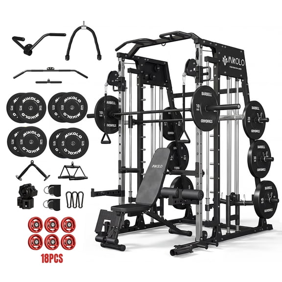 Mikolo M4 All-In-One Smith Machine Home Gym Package, 2200 lbs Power Rack Cage with Cable Crossover, 360° Landmine, Barbell Holders and Other Attachments, Total Body Strength Training Cage