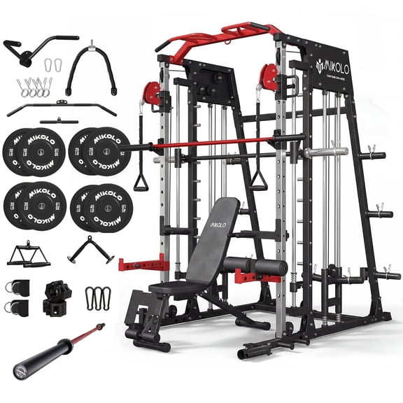 Mikolo M4 All-In-One Smith Machine Home Gym Package, 2200 lbs Power Rack Cage with Cable Crossover, 360° Landmine, Barbell Holders and Other Attachments, Total Body Strength Training Cage