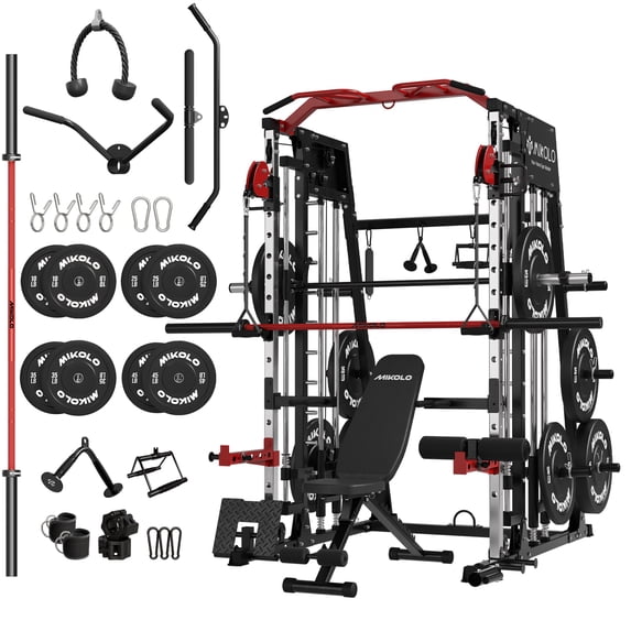 Mikolo M4 All-In-One Smith Machine Home Gym Package, 2200 lbs Power Rack Cage with Cable Crossover, 360° Landmine, Barbell Holders and Other Attachments, Total Body Strength Training Cage