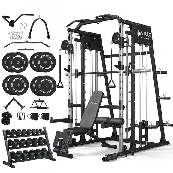Mikolo M4 All-In-One Smith Machine Home Gym Package, 2200 lbs Power Rack Cage with Cable Crossover, 360° Landmine, Barbell Holders and Other Attachments, Total Body Strength Training Cage