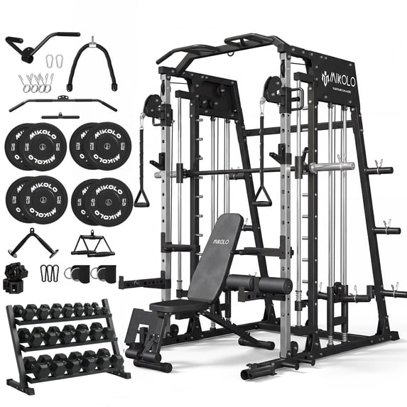 Mikolo M4 All-In-One Smith Machine Home Gym Package, 2200 lbs Power Rack Cage with Cable Crossover, 360° Landmine, Barbell Holders and Other Attachments, Total Body Strength Training Cage