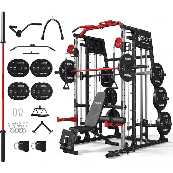 Mikolo M4 All-In-One Smith Machine Home Gym Package, 2200 lbs Power Rack Cage with Cable Crossover, 360° Landmine, Barbell Holders and Other Attachments, Total Body Strength Training Cage