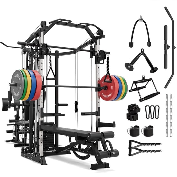 Mikolo Multi-Function Smith Machine Power Cage Home Gym with Cable Crossover System and 121LB Weight Stack