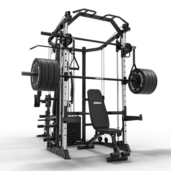 Mikolo Multi-Function Smith Machine Power Cage Home Gym with Cable Crossover System and 121LB Weight Stack