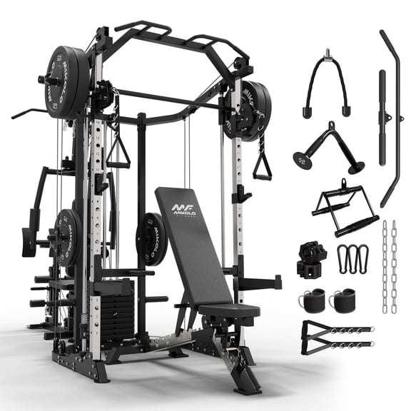 Mikolo Multi-Function Smith Machine Power Cage Home Gym with Cable Crossover System and 121LB Weight Stack