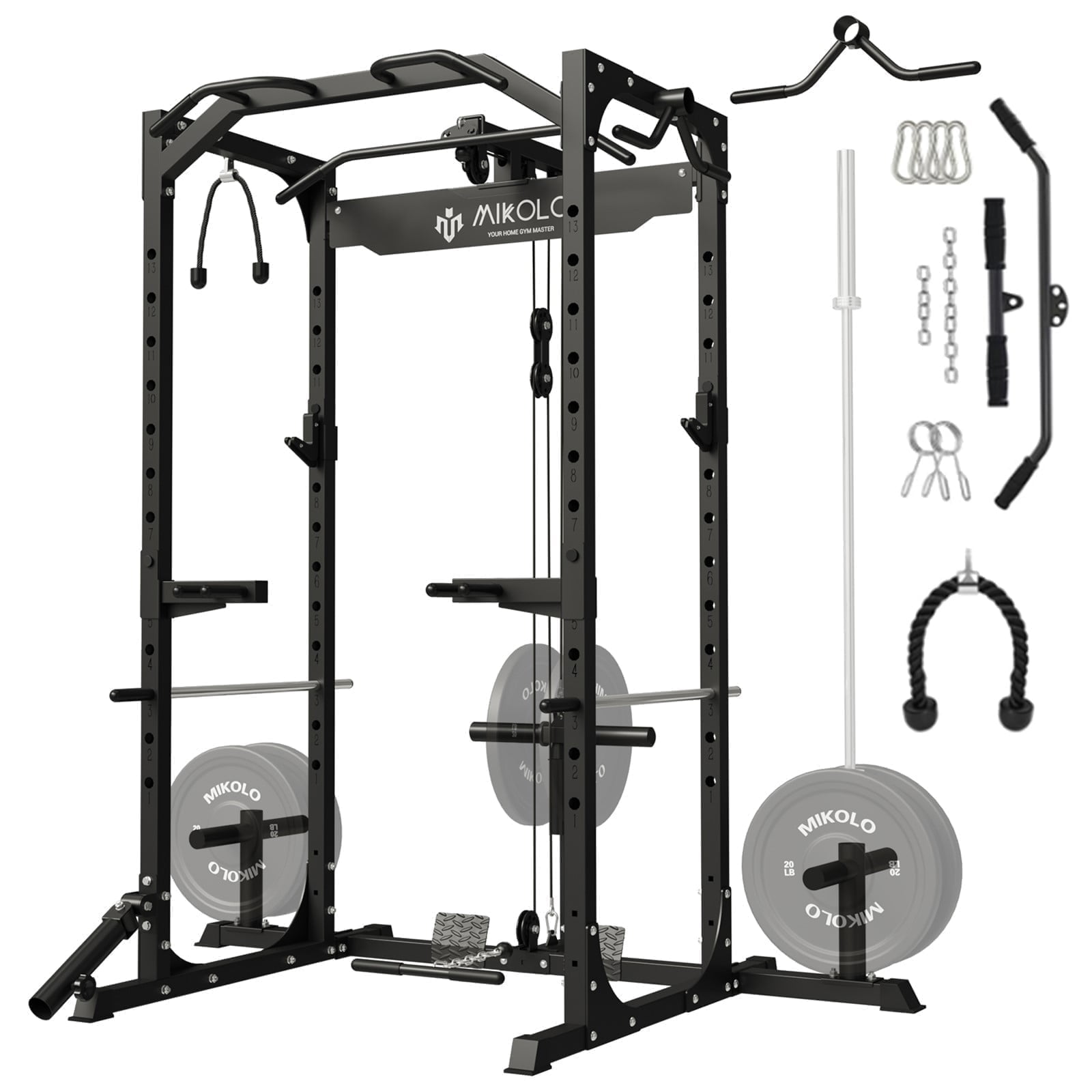 Mikolo Power Rack Cage, LAT Pulldown, 1200LBS Capacity, Multi-Functional Squat Rack with Accessories