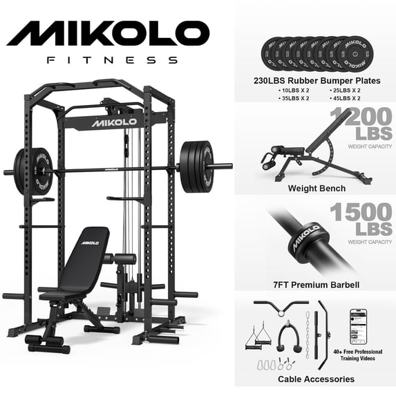 Mikolo Power Rack Cage with LAT Pulldown System,1200 lbs Capacity Power Rack with 800 lbs Capacity Weight Bench and 1500 lbs Capacity Barbell Combo (Black)
