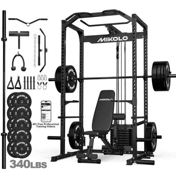 Mikolo Power Cage with 110LB Weight Stacks Multi-Function Power Rack for Home Gym, Squat Rack, Cable Crossover System, for Strength Training 340LBS Plates Combo Black