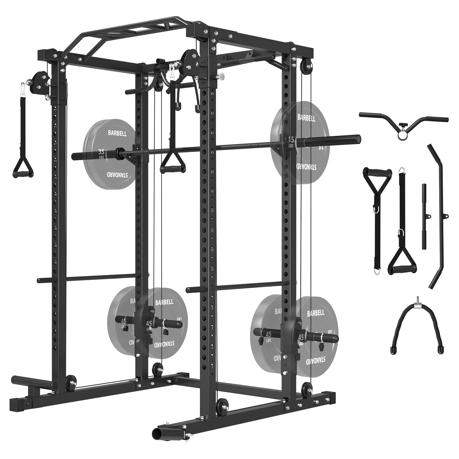 Mikolo Power Cage, Squat Rack with Dual Pulley Cable Crossover System, Multi-function Free Weight Home Gym Workout Machine with Strength Training Attachments