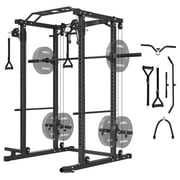 Mikolo Power Cage, Squat Rack with Dual Pulley Cable Crossover System, Multi-function Free Weight Home Gym Workout Machine with Strength Training Attachments
