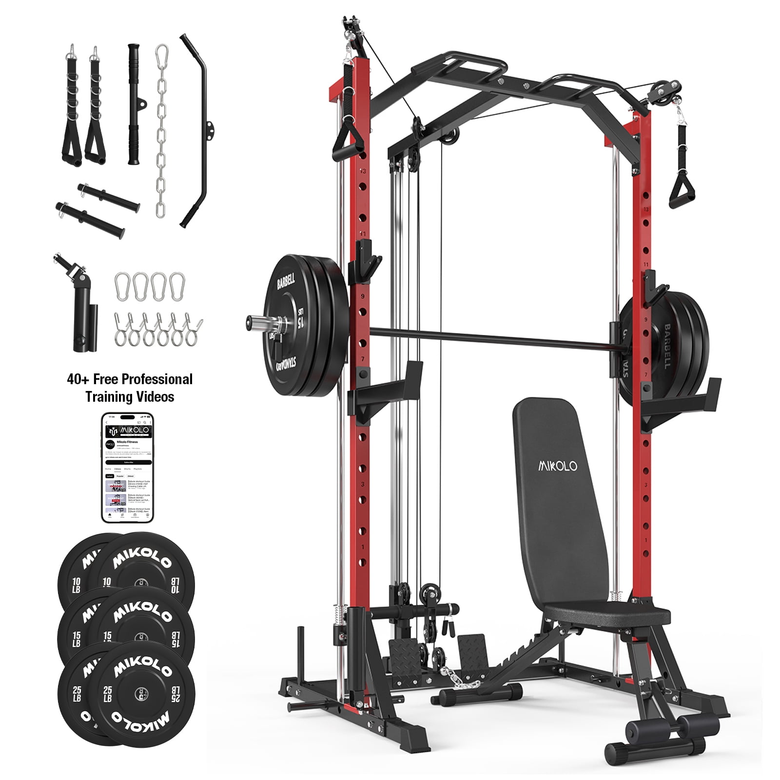 Mikolo Smith Machine Home Gym, 7-in-1 Multi-Function Squat Rack with Cable Crossover, 1000LBS Workout Station with Smith Bar, and Weight Bench and 10lb/15lb/25lb x2 Weight Plates