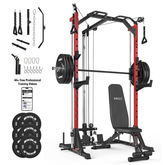 Mikolo Smith Machine Home Gym, 7-in-1 Multi-Function Squat Rack with Cable Crossover, 1000LBS Workout Station with Smith Bar, and Weight Bench and 10lb/15lb/25lb x2 Weight Plates