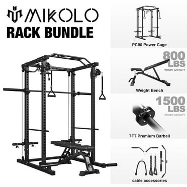 Mikolo Power Cage, Squat Rack with Weight Bench and 1500lbs Premium Barbell Bar, Multi-function Free Weight Machine with Dual Pulley Cable Crossover System for Home Gym Workout