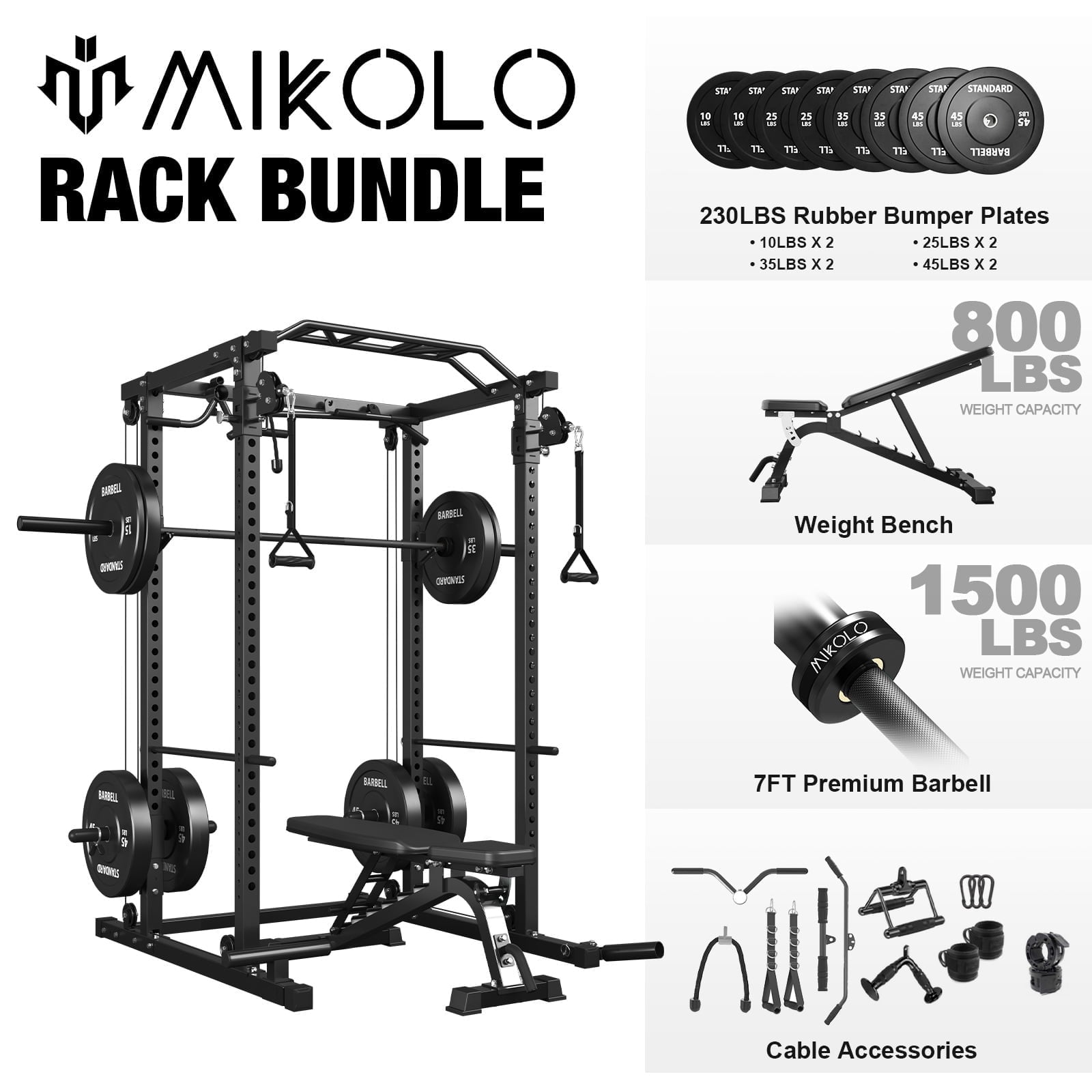 Workout Bar Rack Mikolo Power Cage, Squat Rack with Weight Bench, Premium Barbell Bar ...