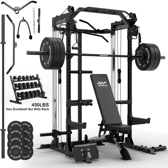 Mikolo Power Cage, Squat Rack With Dual Pulley Cable Crossover System, Multifunction Free Weight Home Gym Home Package and 230lb Weight Plates with 450LB Dumbbell