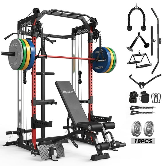 Mikolo Power Cage, Squat Rack with Dual Pulley Cable Crossover System, Multifunction Free Weight Aluminum Pulleys Workout Machine with 230LB Plate Set Red
