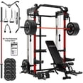 thumbnail image 1 of Mikolo Power Cage, Squat Rack with Dual Pulley Cable Crossover System, Multifunction Free Weight with Red Barbell and Weight Bench and 340LB Weight Plates, 1 of 13