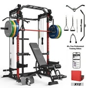 Mikolo Power Cage, Squat Rack with Dual Pulley Cable Crossover System, Multifunction Free Weight Workout Machine with 230LB Plate Set Red Mats