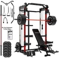 thumbnail image 1 of Mikolo Power Cage, Squat Rack with Dual Pulley Cable Crossover System, Multifunction Free Weight with Red Barbell and Weight Bench and 340LB Colorful Weight Plates, 1 of 15