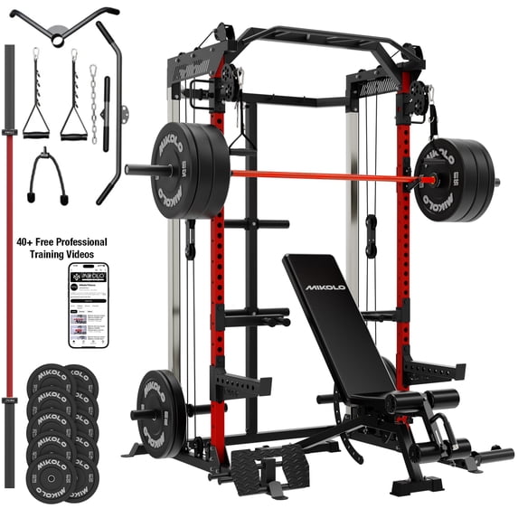 Mikolo Power Cage, Squat Rack with Dual Pulley Cable Crossover System, Multifunction Free Weight with Red Barbell and Weight Bench and 340LB Weight Plates