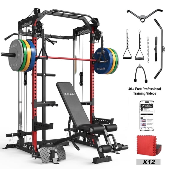 Mikolo Power Cage, Squat Rack with Dual Pulley Cable Crossover System, Multifunction Free Weight with Red Barbell and Weight Bench and 340LB Colorful Weight Plates