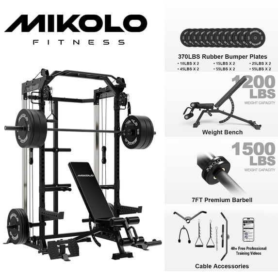 Mikolo Power Cage, Squat Rack W/ Dual Pulley Cable Crossover System, Multifunction Weight Home Gym with Weight Bench and Barbell and 370LB Weight Plates