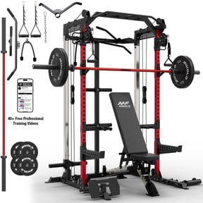 Mikolo Power Cage, Squat Rack With Dual Pulley Cable Crossover System, Multifunction Free Weight Home Package Workout Machine and (10+25)x2lb Weight Plates
