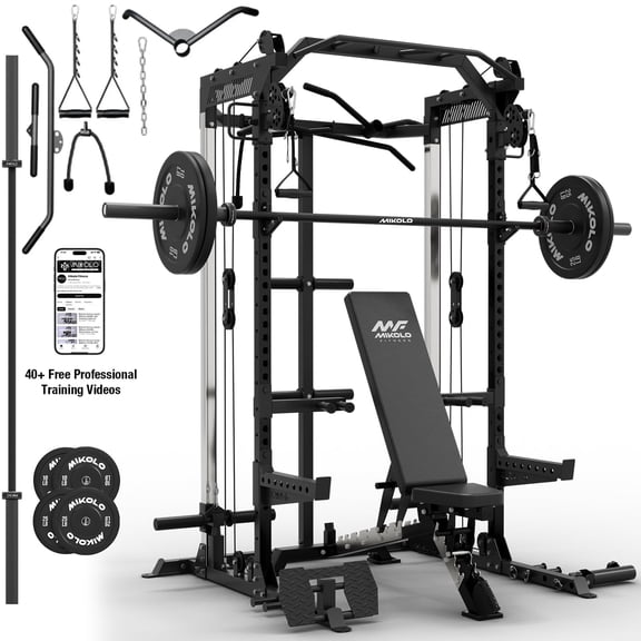 Mikolo Power Cage, Squat Rack With Dual Pulley Cable Crossover System, Multifunction Free Weight Home Package Workout Machine and (10+25)x2lb Weight Plates