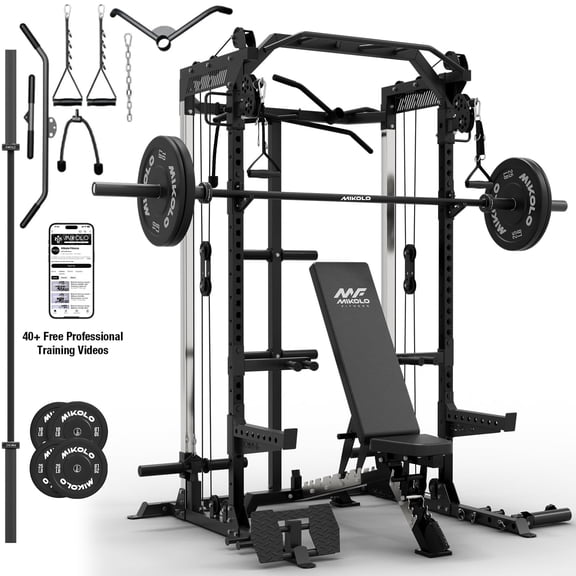 Mikolo Power Cage, Squat Rack With Dual Pulley Cable Crossover System, Multifunction Free Weight Home Package Workout Machine and (10+25)x2lb Weight Plates