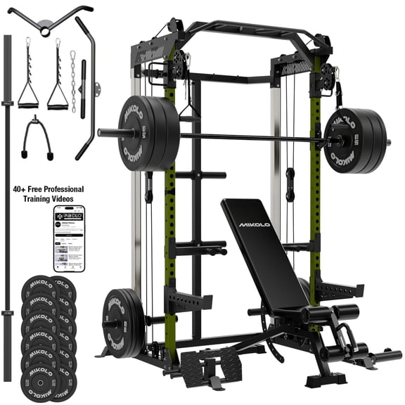 Mikolo Power Cage, Squat Rack Dual Pulley Cable Crossover System, Multifunction Weight Home Gym with Green Weight Bench and Barbell and 370LB Weight Plates
