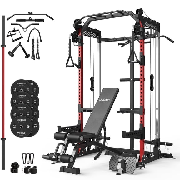 Mikolo Power Cage, Squat Rack With Dual Pulley Cable Crossover System, Multifunction Free Weight Home Gym Workout Machine With Attachments Set(230B)