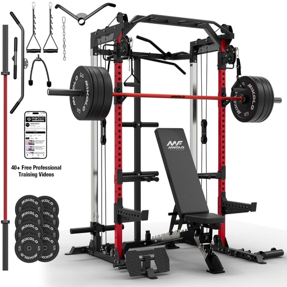 Mikolo Power Cage, Squat Rack With Dual Pulley Cable Crossover System, Multifunction Free Weight Home Gym Workout Machine With Attachments Set(230B)