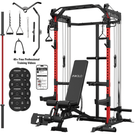 Mikolo Power Cage, Squat Rack With Dual Pulley Cable Crossover System, Multifunction Free Weight Home Gym Workout Machine With Attachments Set(230B)