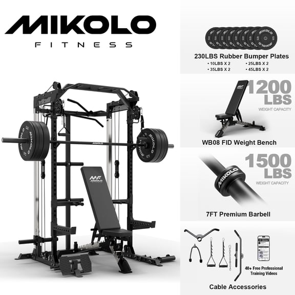 Mikolo Power Cage, Squat Rack With Dual Pulley Cable Crossover System, Multifunction Free Weight Home Gym Workout Machine with Weight Bench and Barbell and 230LB Weight Plates